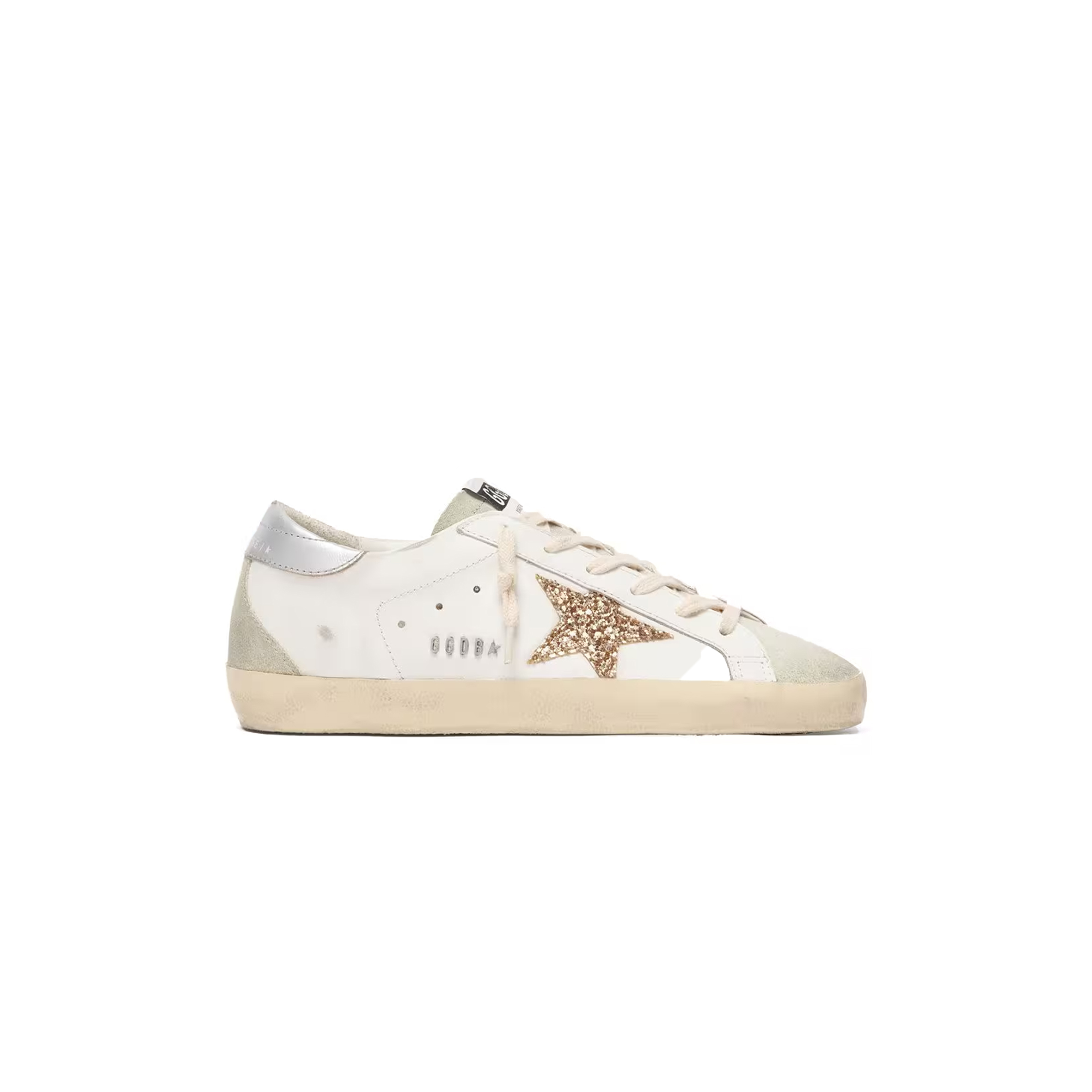 GOLDEN GOOSE SUPER-STAR WITH GOLD GLITTER STAR AND ICE-GRAY SUEDE INSERTS GWF00102